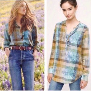 Isabella Sinclair Plaid Ruffle Henley Top Small